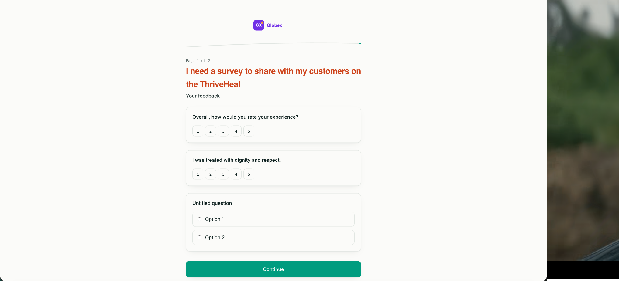 A live, on-brand ThriveSurvey survey being answered by a respondent